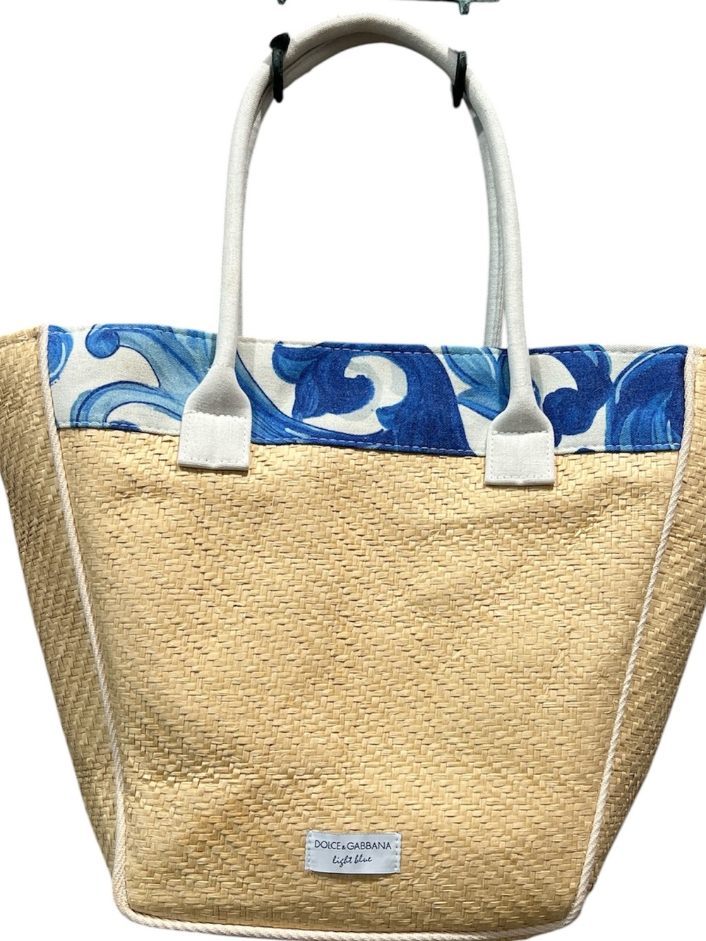 Dolce & Gabbana Natural Straw Tote with Blue Wave Trim and White Handles